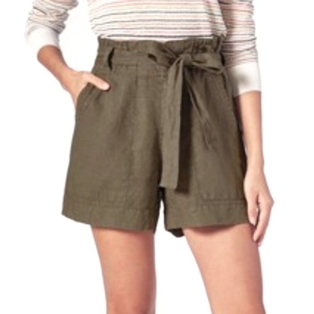 Magaschoni Olive Green Linen Shorts Paper Bag Waist Size Small
